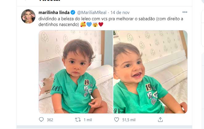 Post de Marília Mendonça no Twitter mostrando os dentinhos de Leo