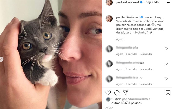Paolla Oliveira esbanja fofurice com o gatinho Gray