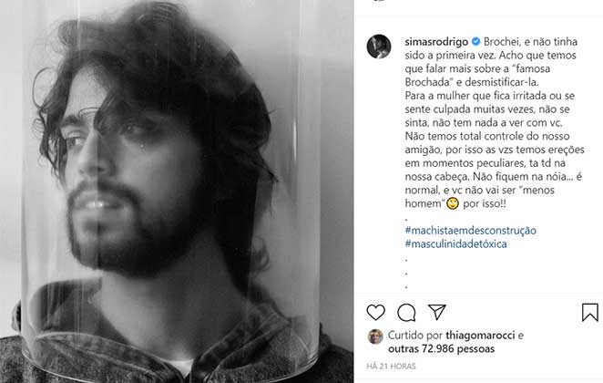 Postagem de Rodrigo Simas revelando ter falhado na hora H