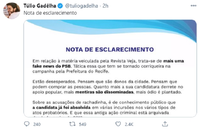 Nota de esclarecimento de Túlio Gadêlha