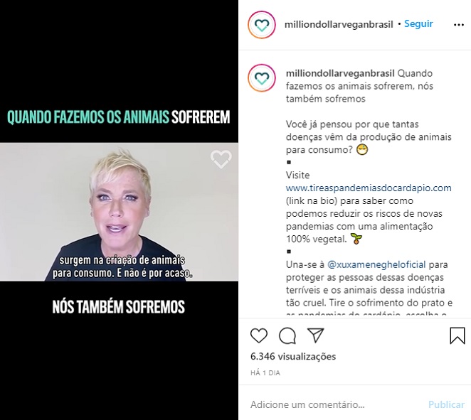 Xuxa Meneghel apoia campanha sobre veganismo