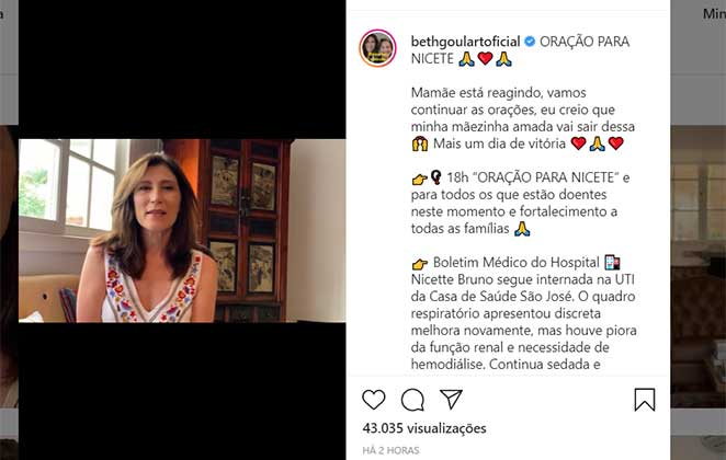 Beth Goulart divulga novo boletim da mãe, Nicette Bruno