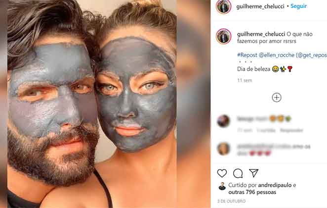 Ellen Rocche e o namorado, Guilherme Chelucchi juntinhos, de máscara