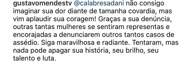 Gustavo Mendes declarou apoio a Dani Calabresa no Instagram