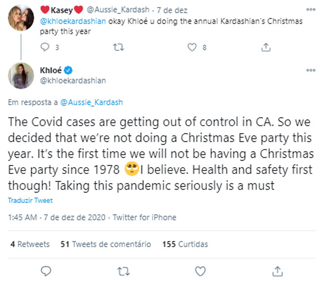 Khloé Kardashian revela cancelamento da festa de Natal da família