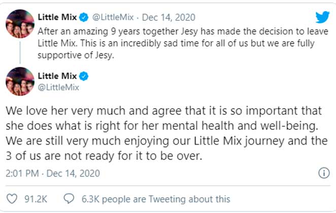 Little Mix anunciou no Twitter a saída de Jesy Nelson no grupo