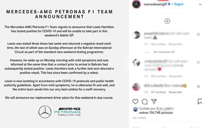 Mercedes anuncia afastamento de Lewis Hamilton por causa da covid-19