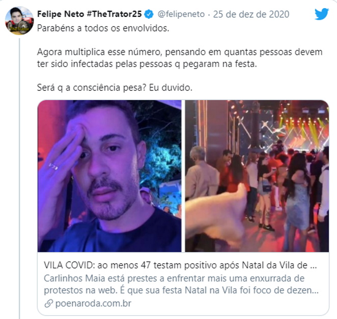 Postagem de Felipe Neto no Twitter