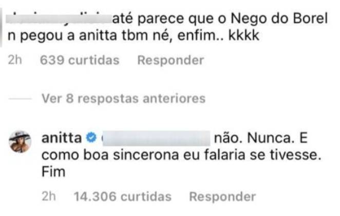 Anitta rebate internauta que a acusou de ter vivido um affair com Nego do Borel