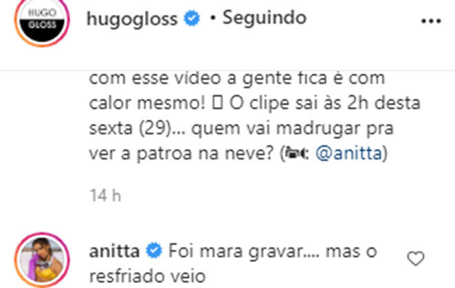 Anitta ficou resfriada após gravação de videoclipe