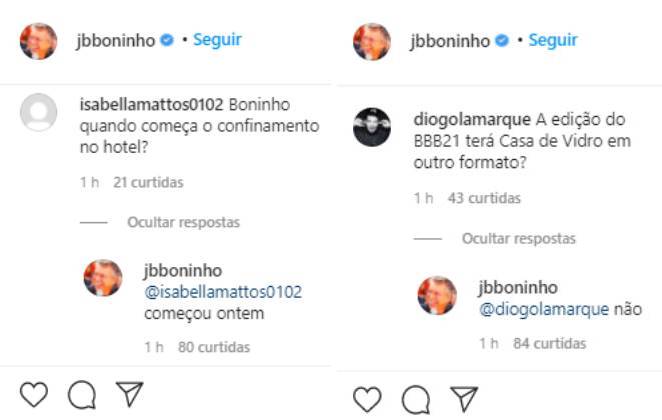 Boninho tirou dúvidas do BBB21 de fãs no Instagram