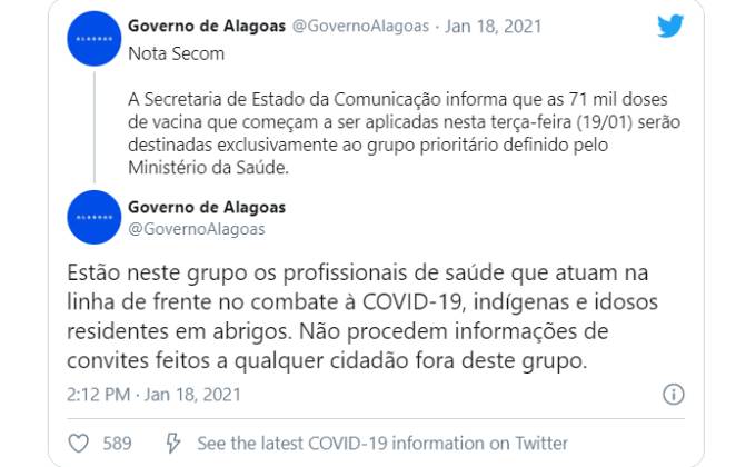 Governo de Alagoas desmente convite para vacinar pessoas fora da prioridade