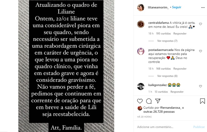 Família de Liliane Amorim havia atualizado o estado de saúde da jovem por meio do Instagram
