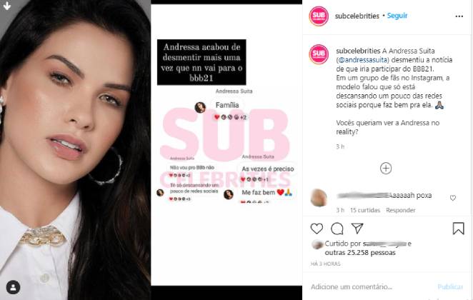 Perfil no Instagram teve acesso a conversa de Andressa Suita negando participação no BBB21