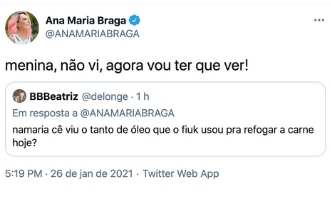 Post de Ana MAria Braga o Twitter, sobre Fiuk na cozinha do BBB21