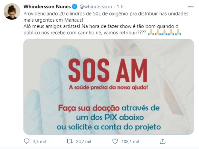 Publicação de Whindersson Nunes no Twitter