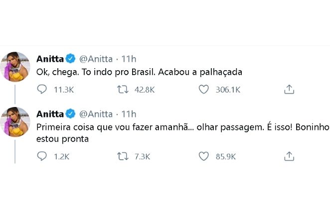 Após prova Bate-volta, Anitta diz que vai sair dos Estados Unidos para voltar para o Brasil