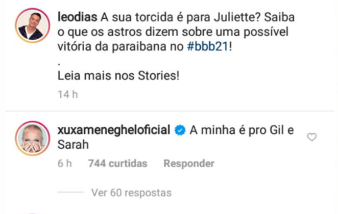 Xuxa Meneghel revela para quem está torcendo no BBB21