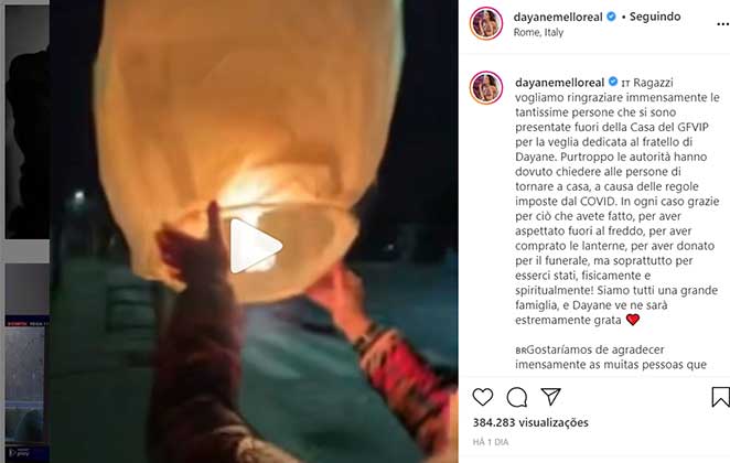Dayane Mello solta uma lanterna chinesa em homenagem ao irmão que morreu em acidente de carro