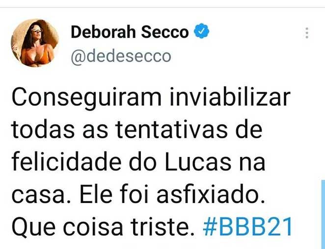 Deborah Secco fala sobre a saída de Lucas do BBB21