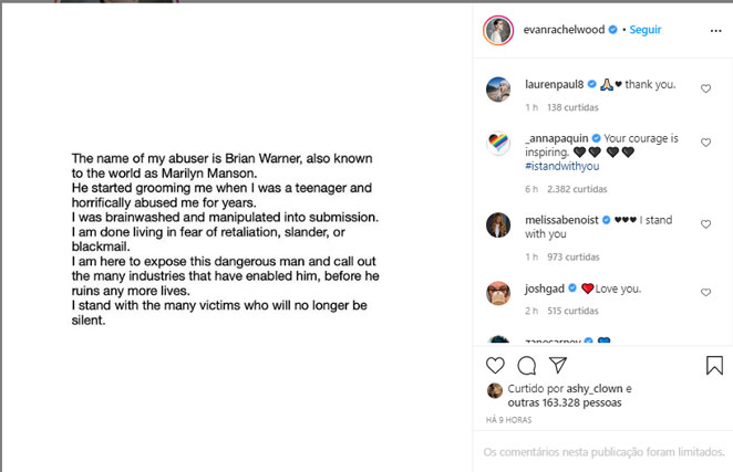 Evan Rachel Wood acusa ex-noivo Marilyn Manson por abuso durante o relacionamento que tiveram