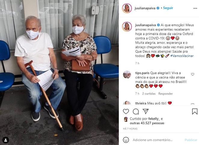 Juliana Paiva comemora vacinação dos avós contra Covid-19