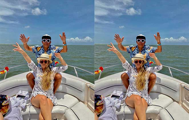 Liminha e sua esposa, Fernanda Fiuza, curtem passeio de barco no litoral pernambucano