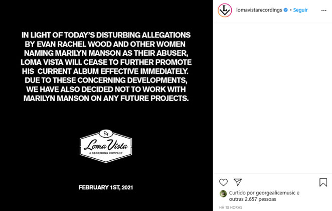 Gravadora Loma Vista Recordings anuncia quebra de contrato com Marilyn Manson
