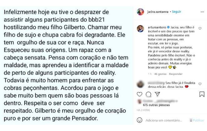 Mãe de Gilberto se pronuncia sobre ataques ao filho BBB21