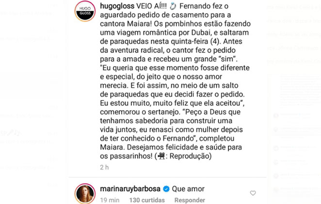 Marina Ruy Barbosa vibrou com o pedido de Fernando à Maiara 