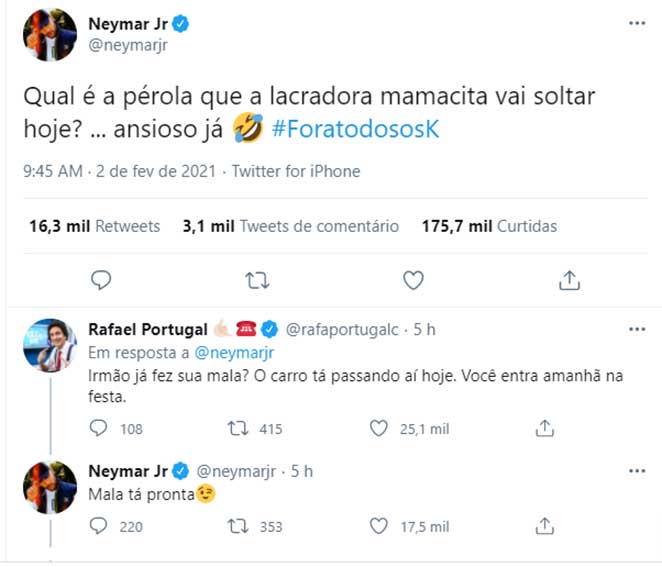 Neymar Jr. comenta sobre o BBB21