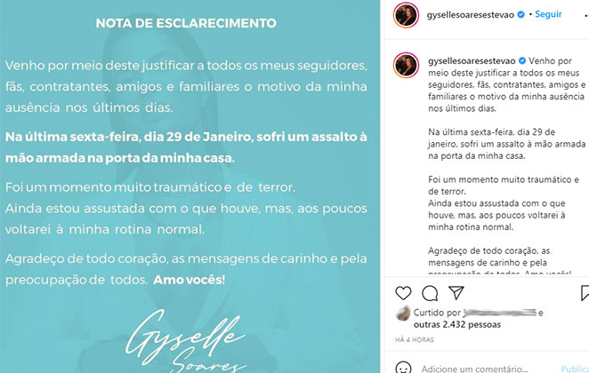 A ex-BBB Gyselle Soares relatou em seu Instagram o assalto sofrido no Maranhão