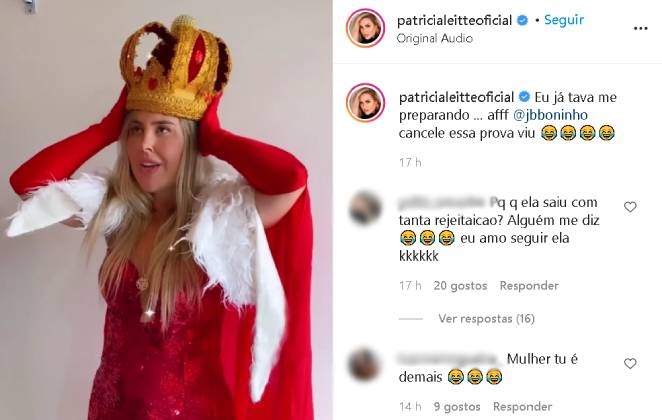 Patricia Leitte diverte a web com vídeo esperando Karol Conká para receber a coroa de rejaitada
