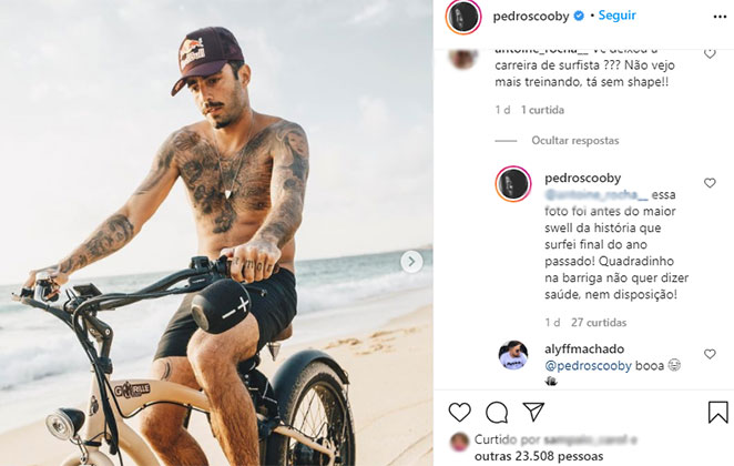 Pedro Scooby pedalando sem camisa, acabou recebendo crítica ao seu corpo