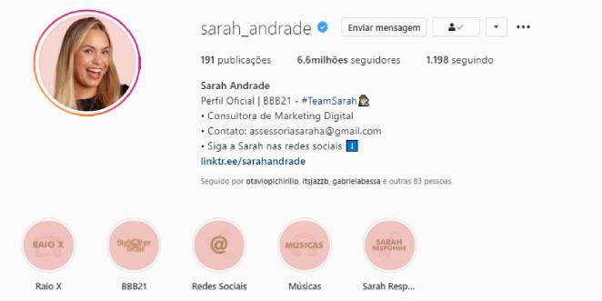 Perfil do Instagram de Sarah até o fechamento desta matéria
