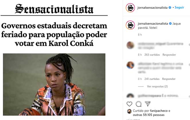 Post do Sensacionalista sobre votação contra Karol Conká