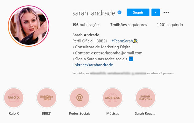 Sarah conquista 7 milhões de seguidores no Instagram