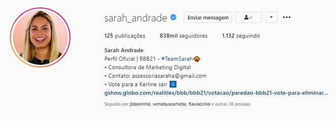Sarah chega a mais de 830 mil seguidores