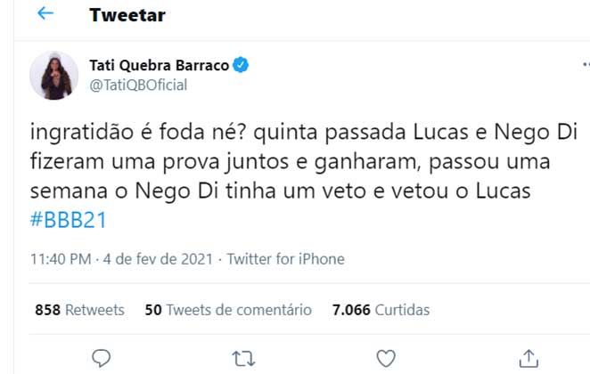 Tato Quebra Barraco discorda de veto a Lucas, do BBB21
