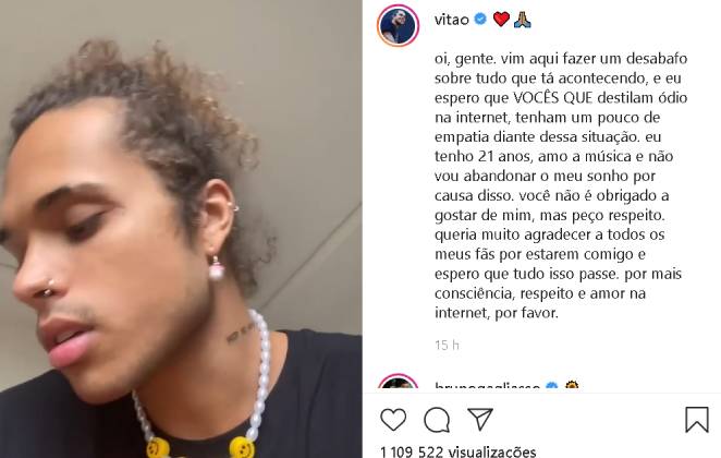 Vitão se pronuncia nas redes sociais sobre os ataques que vem recebendo desde que assumiu o romance com Luísa Sonza