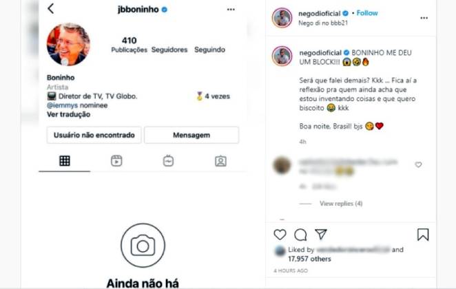 Boninho bloqueia Nego Di no Instagram