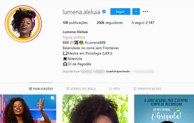 Lumena Aleluia conquista cerca de 100 mil seguidores desde a eliminação
