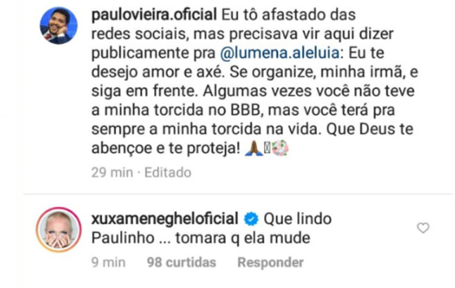 Paulo Vieira e Xuxa Meneghel opinam sobre Lumena 