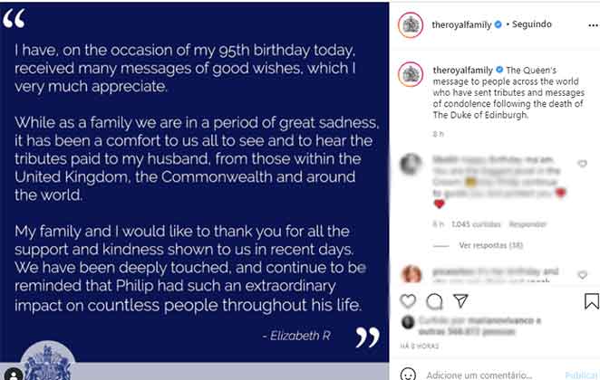 Texto de agradecimento da Rainha Elizabeth II por seu aniversário