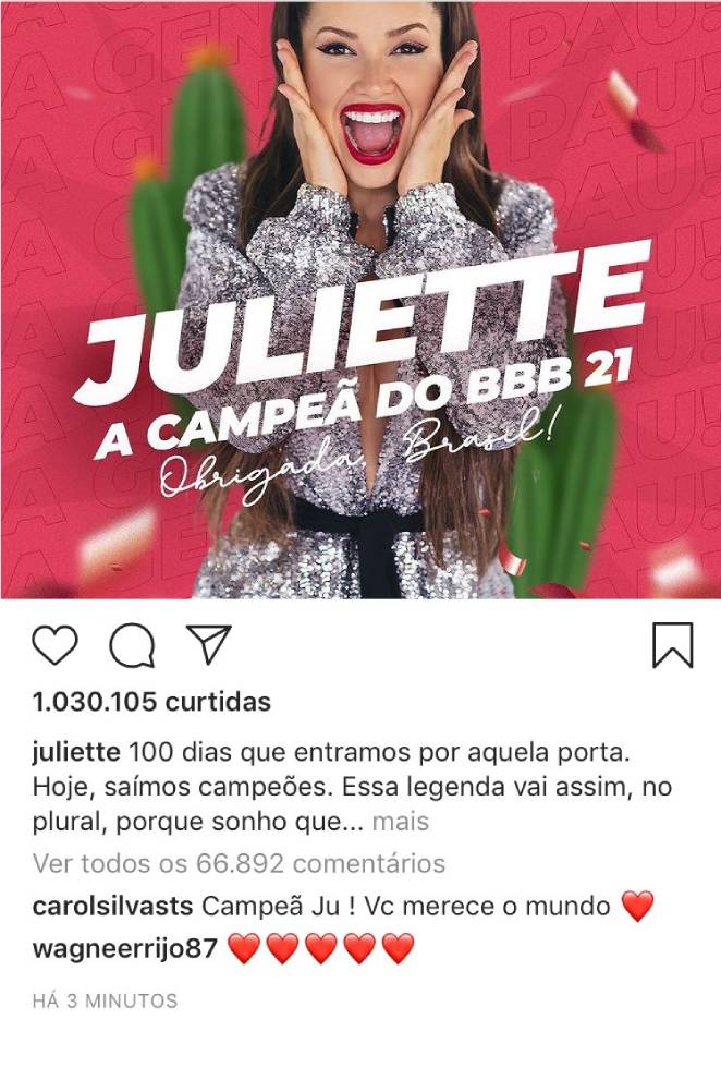 Publicação de Juliette foi a que bateu um milhão de curtidas mais rápido