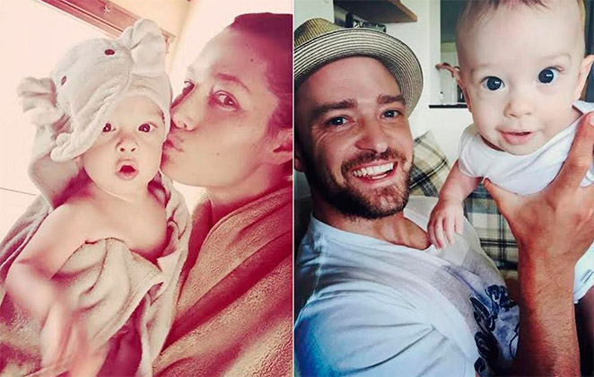 Justin Timberlake e sua esposa Jéssica Biel passeam com o filho do