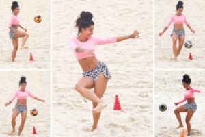 Aline Campos treina na praia