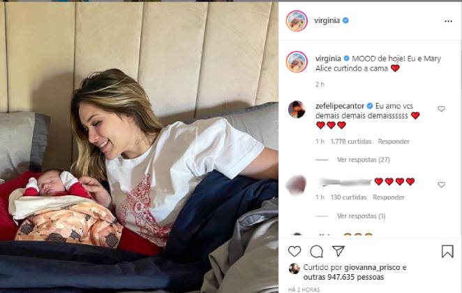 Publicação no Instagram de Virginia Fonseca com foto dela deitada na cama com Maria Alice