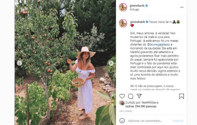 Publicação no Instagram de Giovanna Ewbank anunciando mudança para Portugal