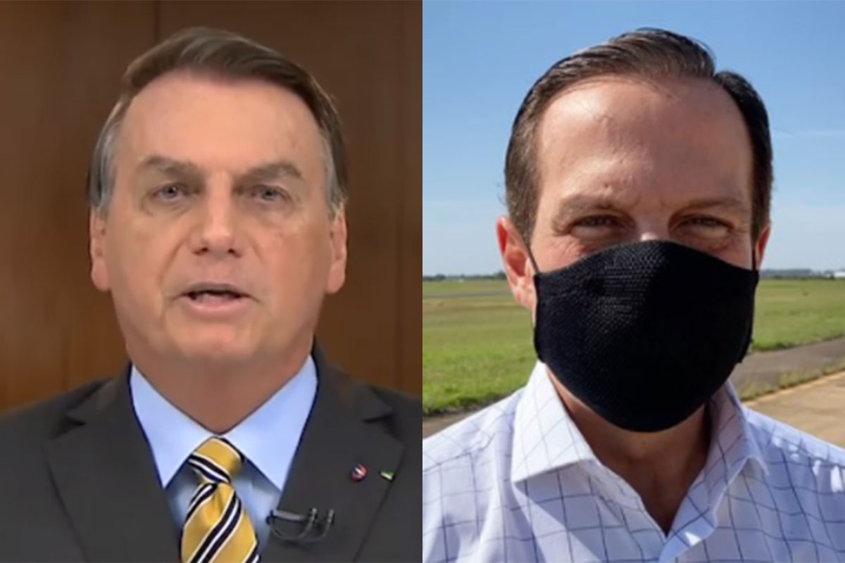 Bolsonaro durante pronunciamento do presidente da República e João Dória usando máscara